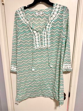 Vineyard Vines Aqua and Cream Chevron Swimsuit Cover Tunic with Embroidered Trim